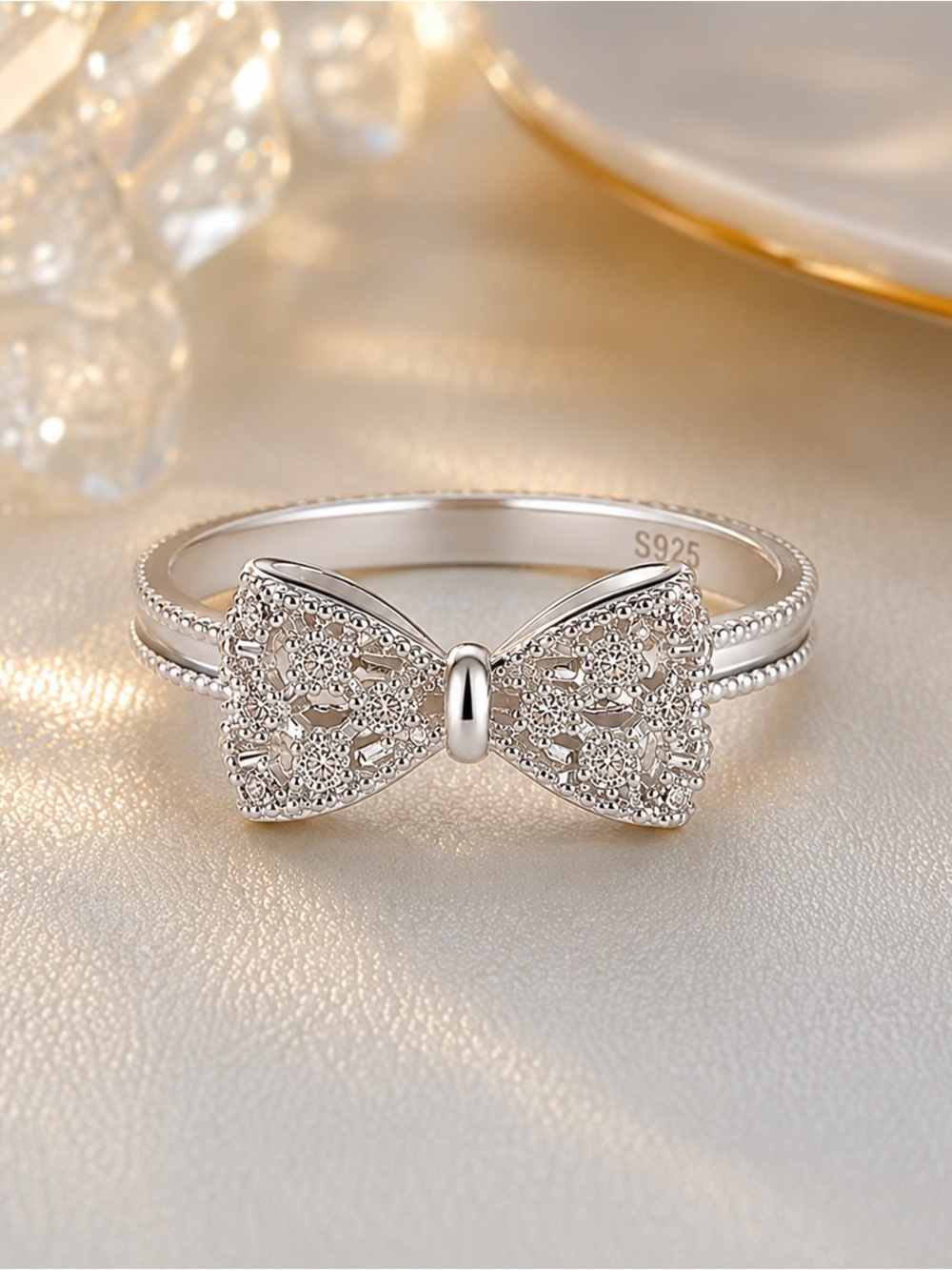 Dainty Bow Knot Petite Solid 92.5 Sterling Silver Ring  CZ Pave Promise Ring